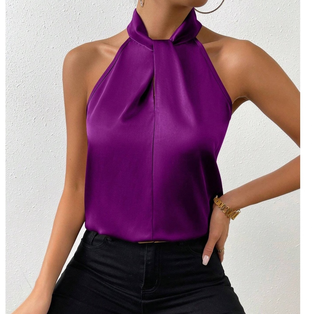 Luxe Champagne Satin Halter Minimalist Tank Top - Picture 8 of 15